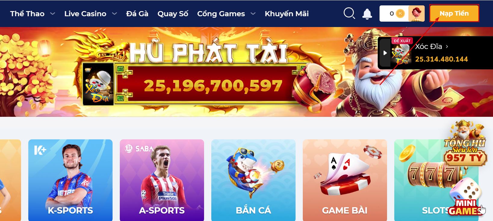 Nạp tiền ONE88 - bước 1