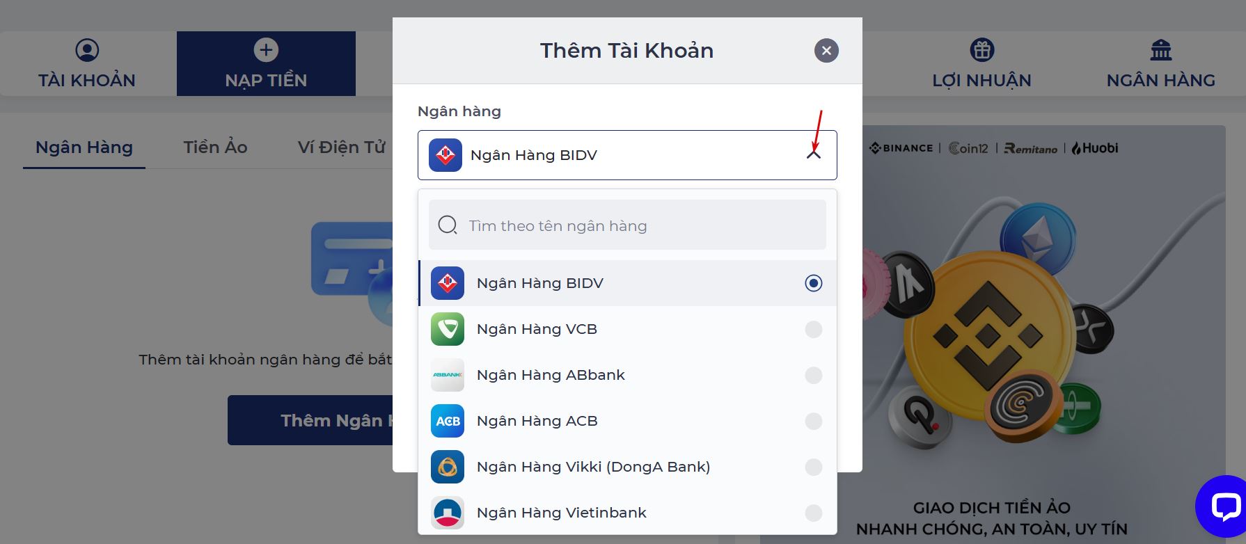 Nạp tiền ONE88 - chọn ngân hàng