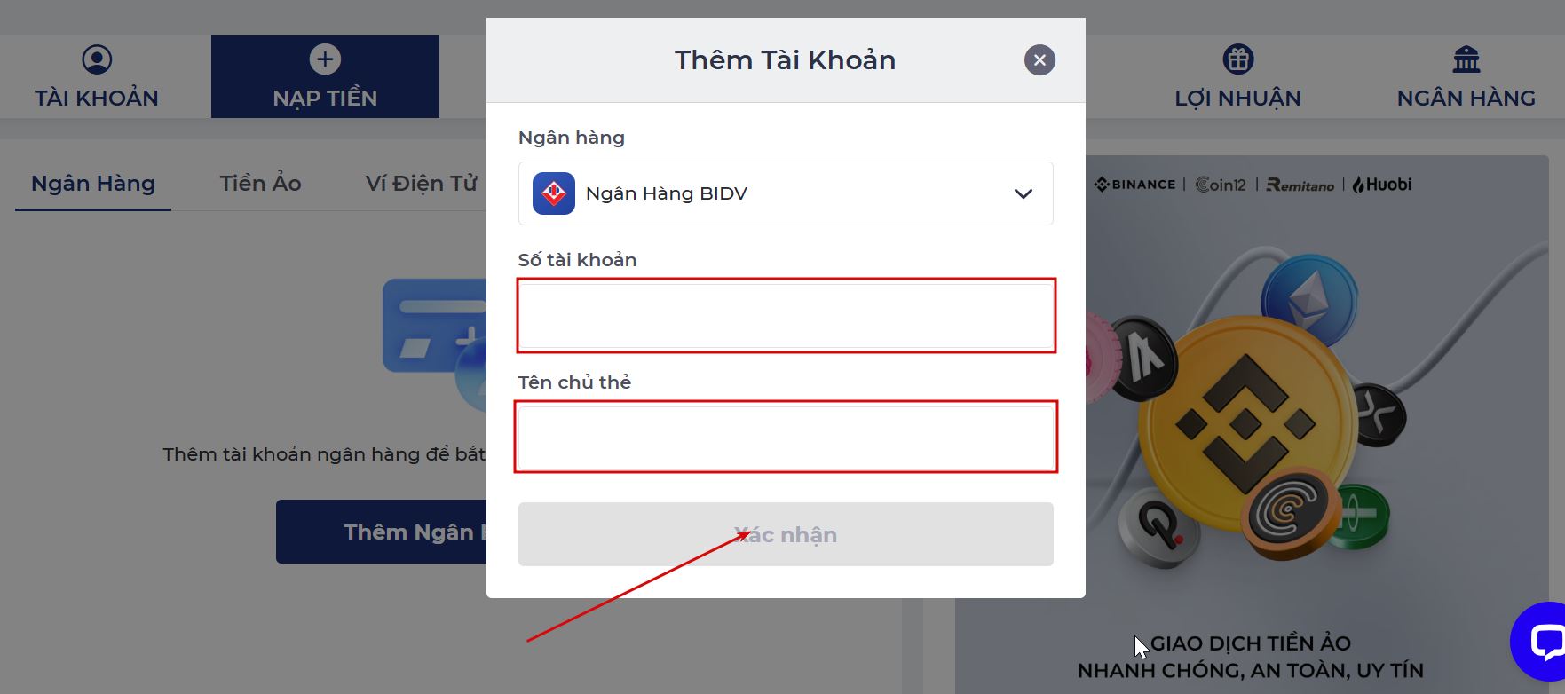 Nạp tiền ONE88 - xác nhận thêm tài khoản