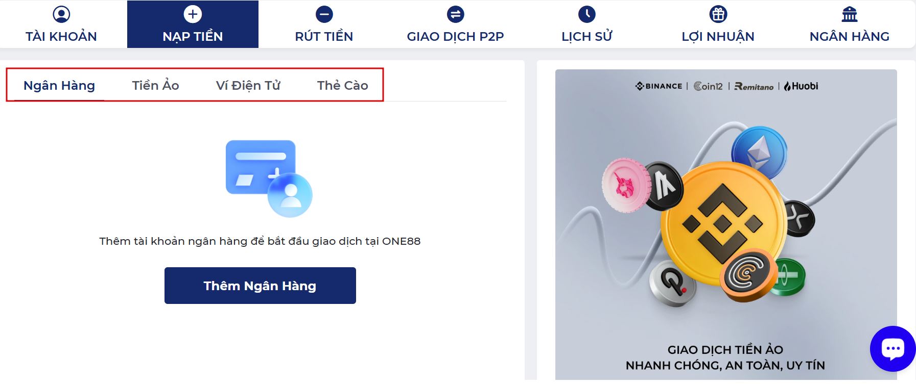 Nạp tiền ONE88 - bước 2