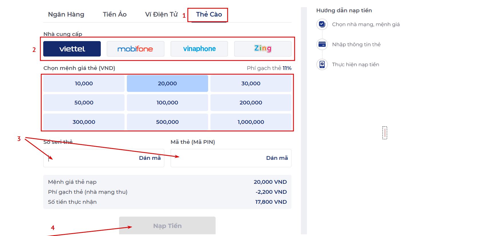 Nạp tiền ONE88 - thẻ cào